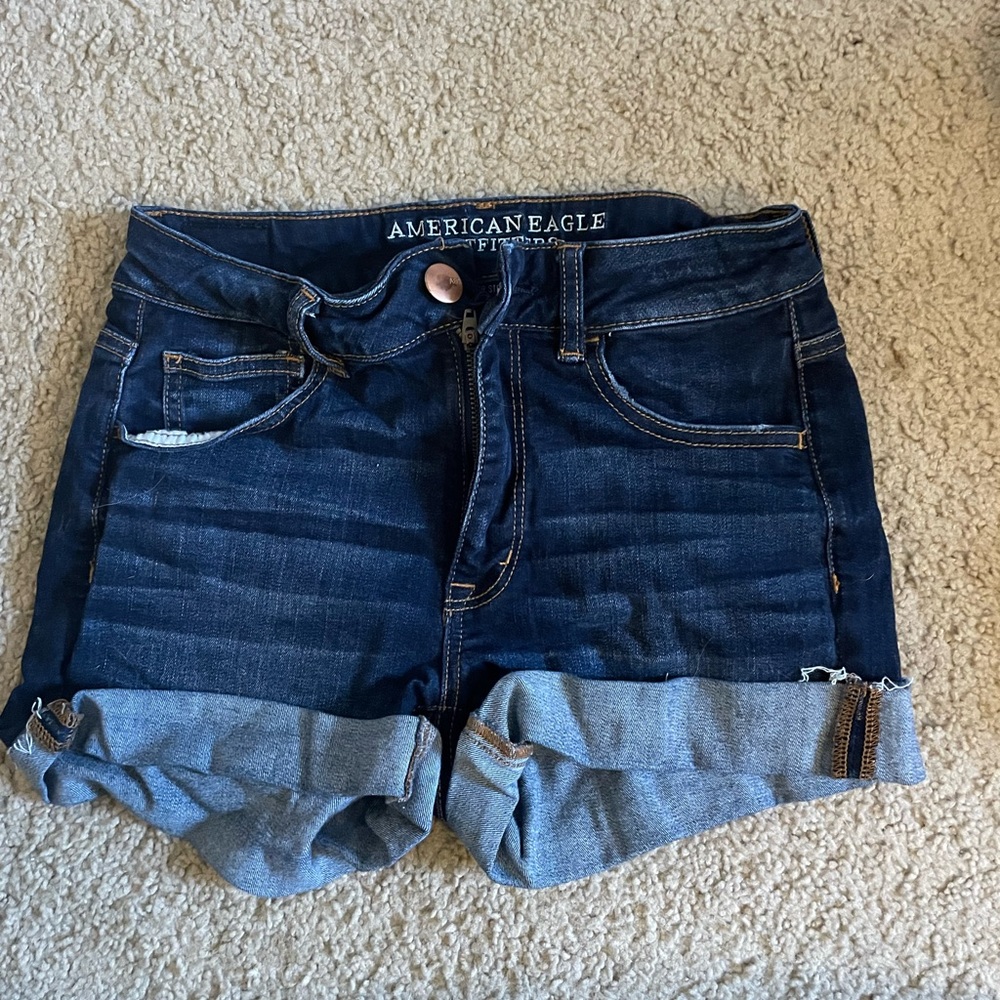 American Eagle Dark Wash Hi-Rise Shortie Shorts